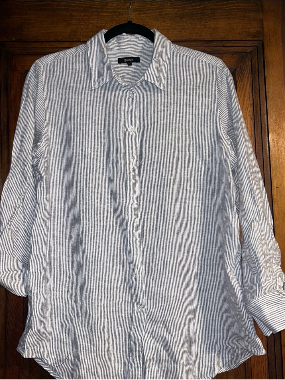 Quince 100% Linen Blue White Stripe Button Up Shirt M - Picture 3 of 7